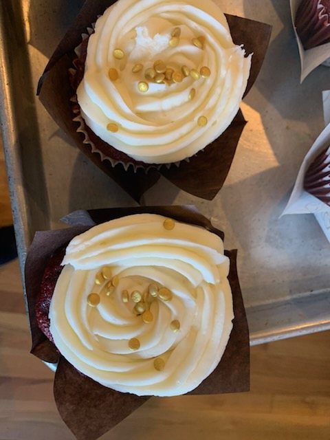Red velvet cupcakes with cream cheese frosting